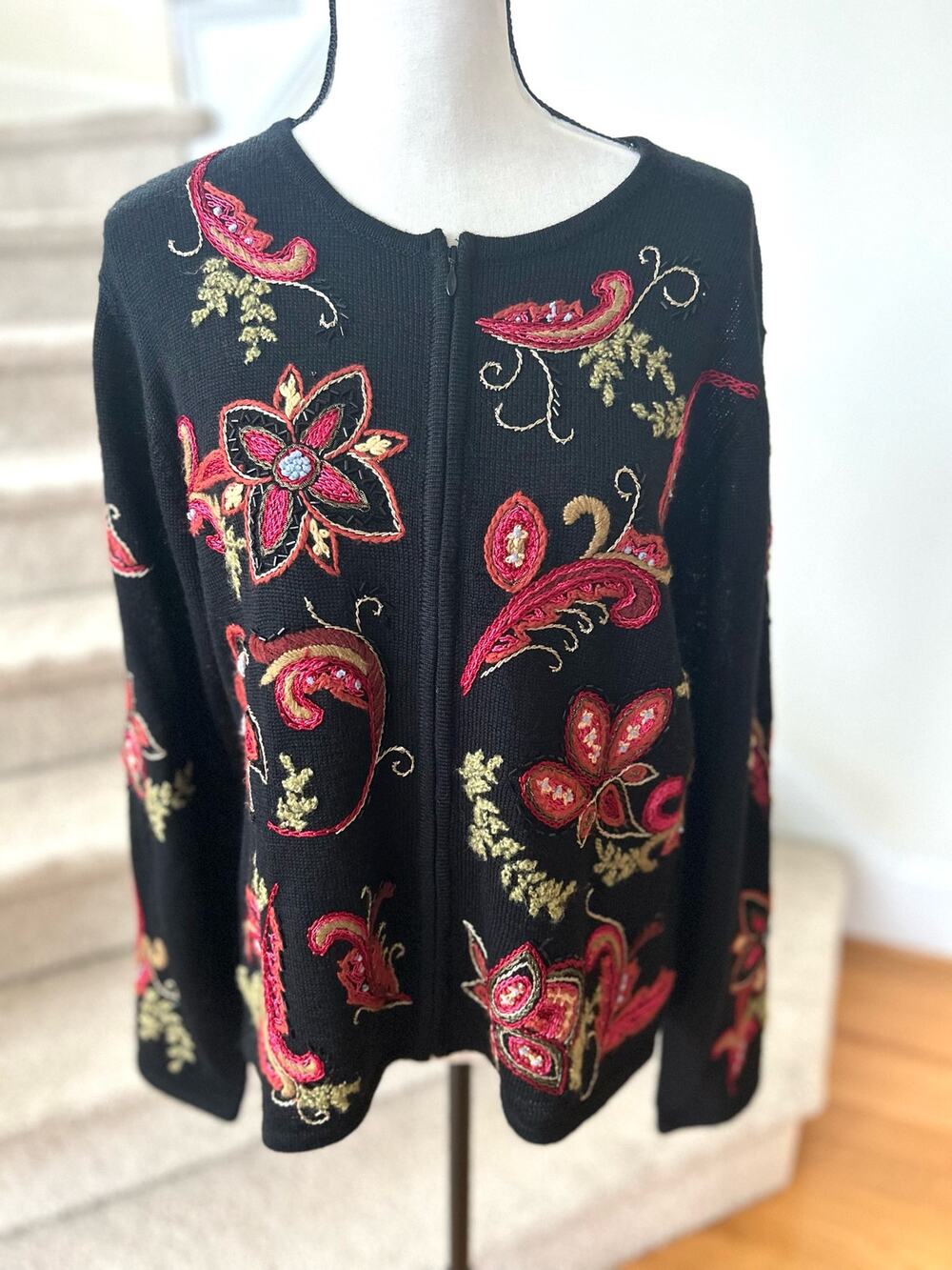 Vintage Talbots Wool Blend Black Pink Embroidered Paisley Zip Cardigan